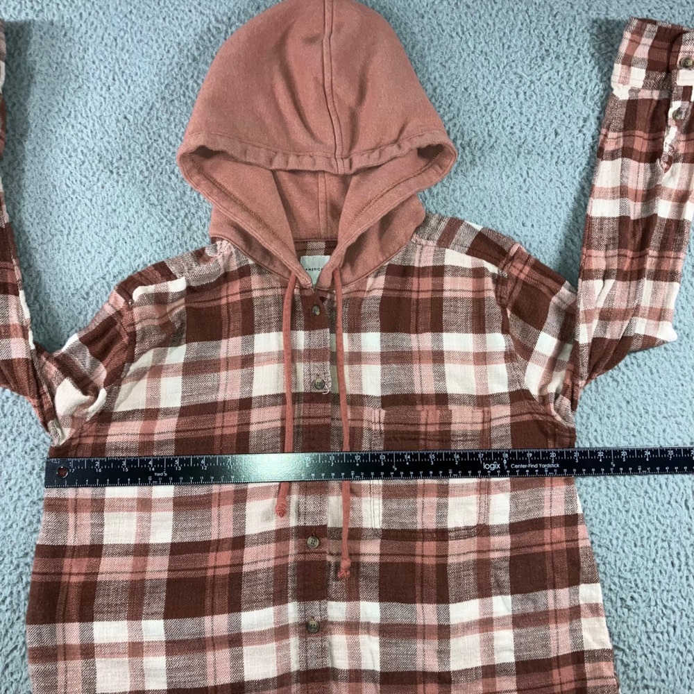 American Eagle Hooded Flannel Shirt Women Small Brown Pink Button Up Y2K Shacket - Picture 6 of 10